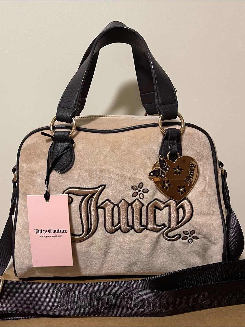 Juicy Couture "Juicy in the Sky" Bowler Satchel Brown Velour Crossbody Handbag